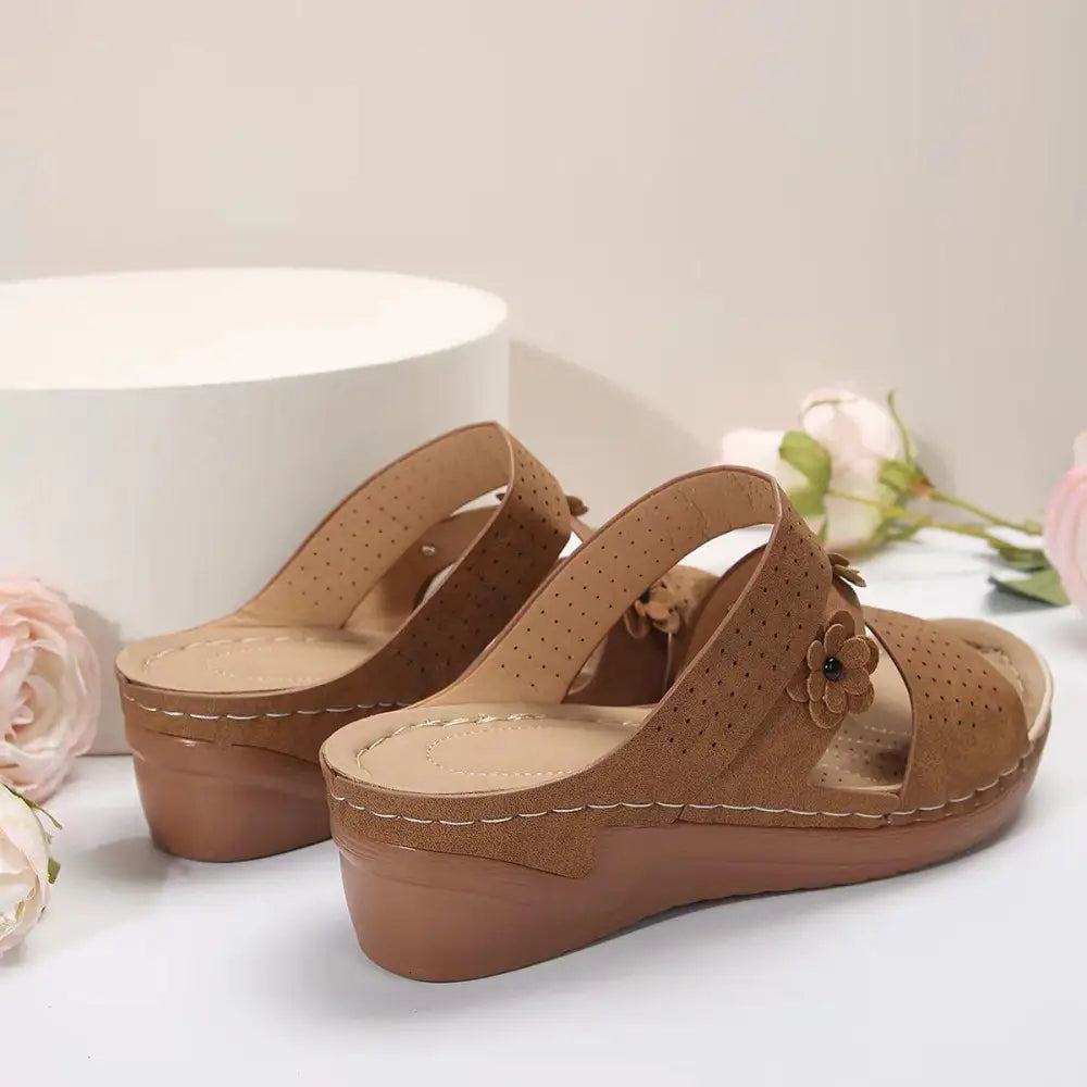 Blooming Elegance Flower PU Leather Wedge Sandals