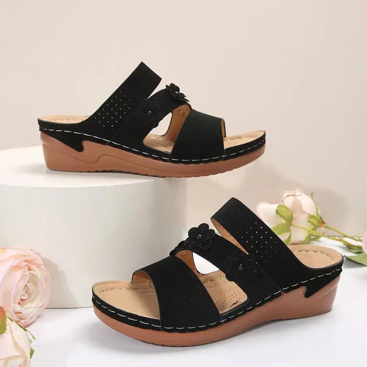 Flower PU Leather Wedge Sandals - CM Fashion