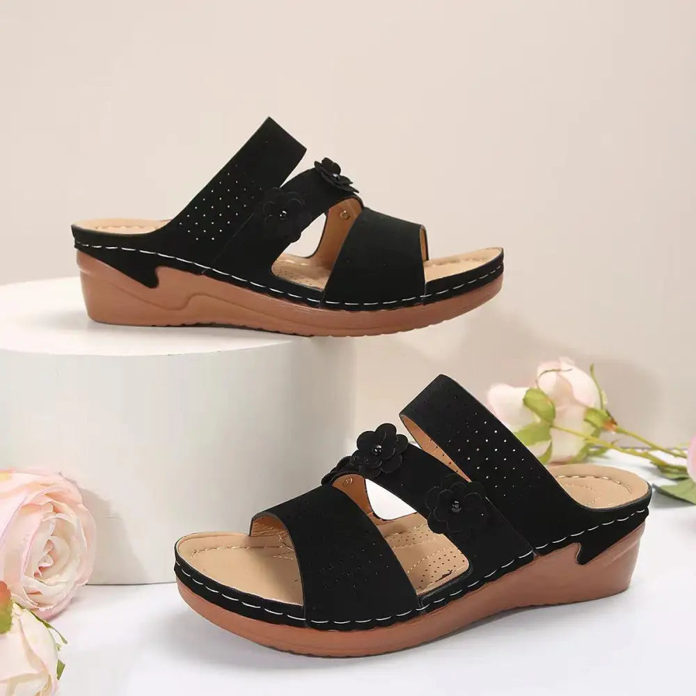 Blooming Elegance Flower PU Leather Wedge Sandals