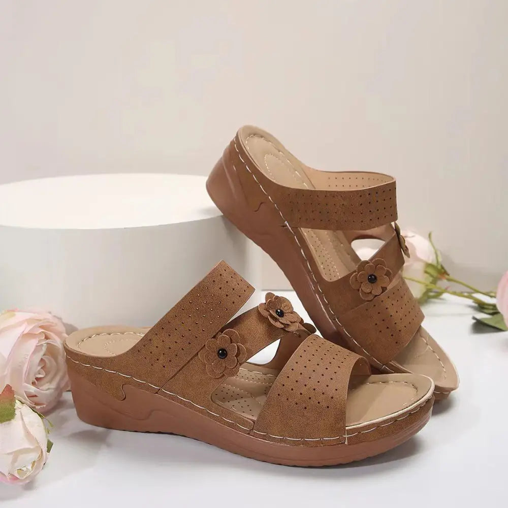 Blooming Elegance Flower PU Leather Wedge Sandals