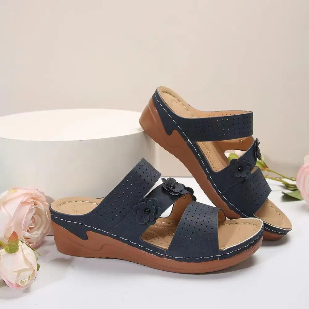 Blooming Elegance Flower PU Leather Wedge Sandals