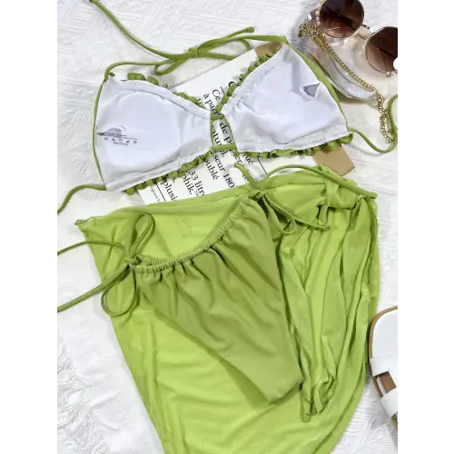 Frill Trill Halter Neck Three-Piece Swim Set in Vibrant Green