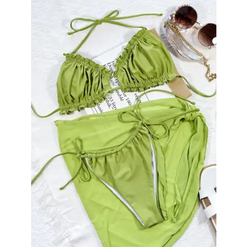 Frill Trill Halter Neck Three-Piece Swim Set in Vibrant Green