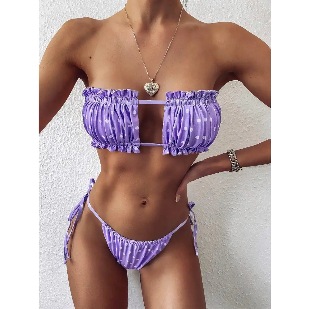 Flirty Frill Trim Ruched Bikini Set in Playful Purple Polka Dots