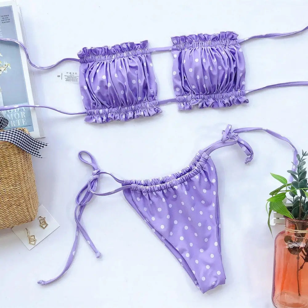 Flirty Frill Trim Ruched Bikini Set in Playful Purple Polka Dots