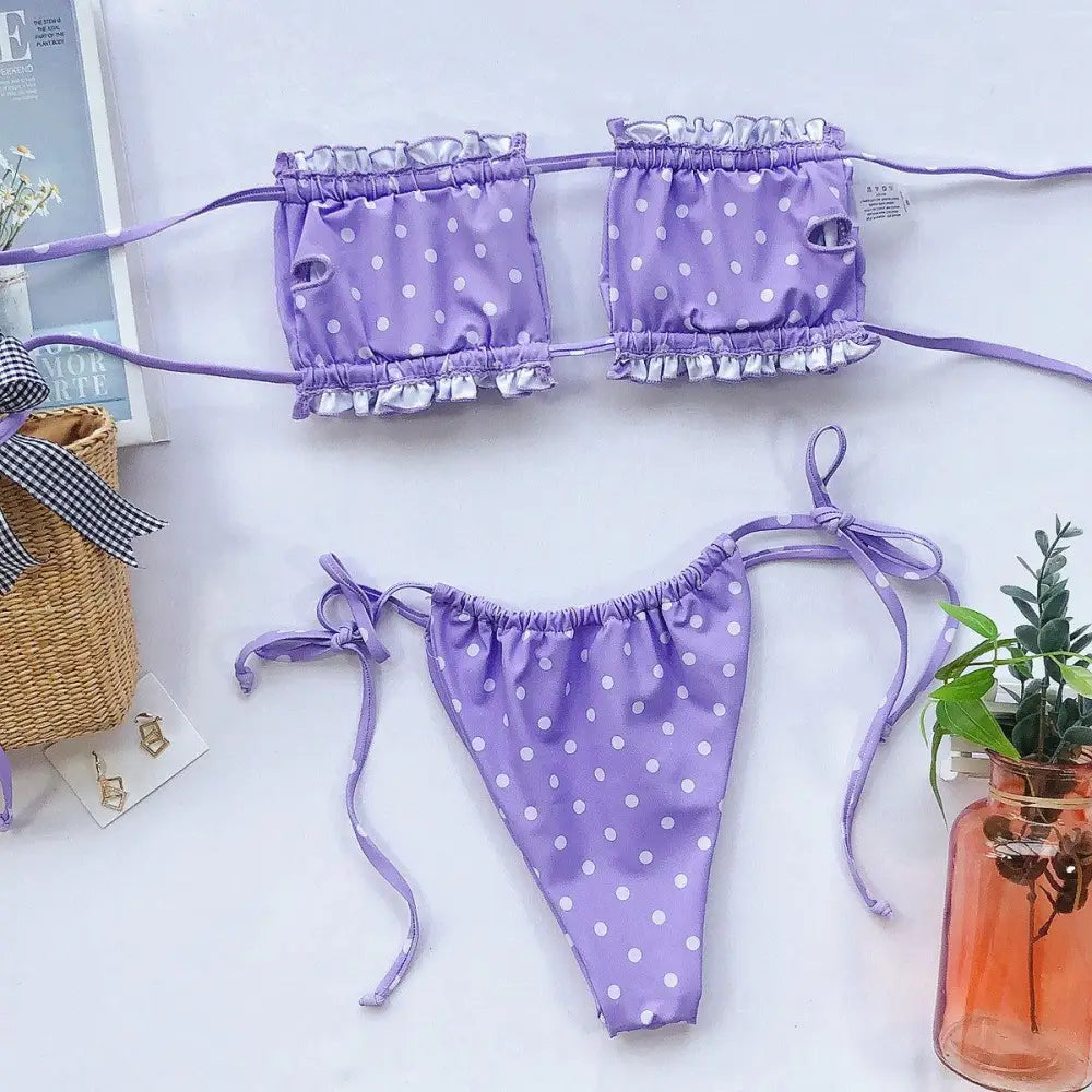 Flirty Frill Trim Ruched Bikini Set in Playful Purple Polka Dots