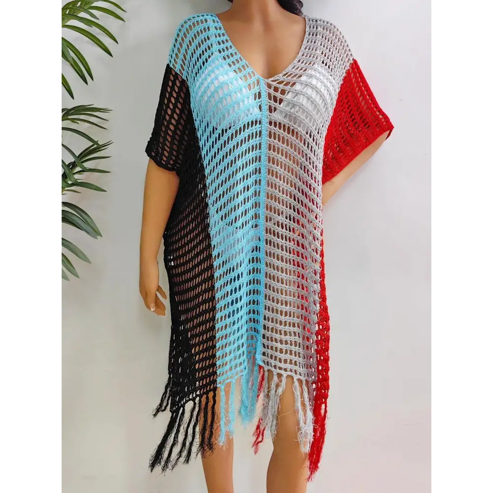 Vibrant Fringe Color Block Scoop Neck Crochet Beach Cover Up