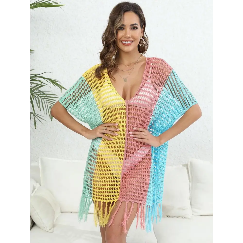 Vibrant Fringe Color Block Scoop Neck Crochet Beach Cover Up