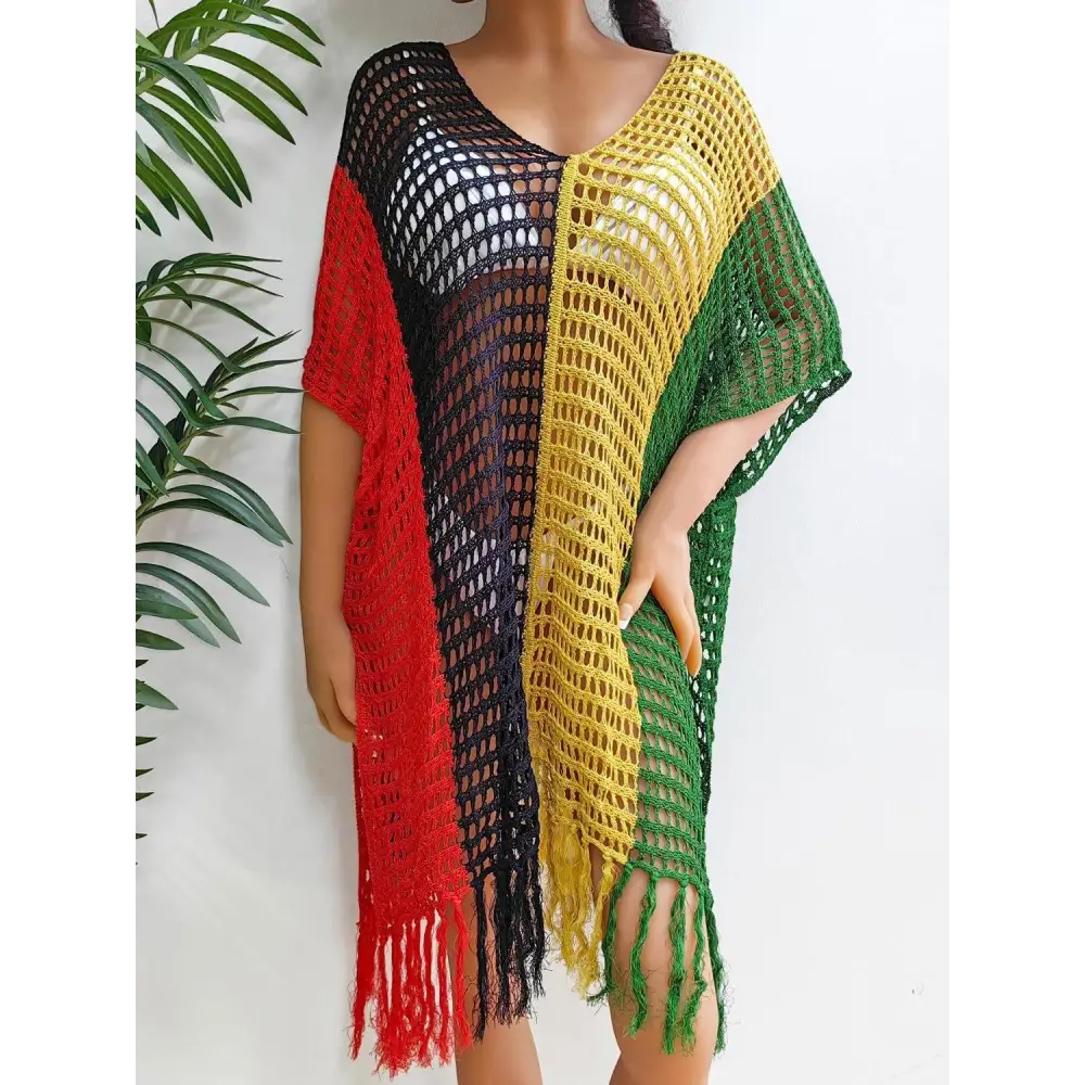 Vibrant Fringe Color Block Scoop Neck Crochet Beach Cover Up