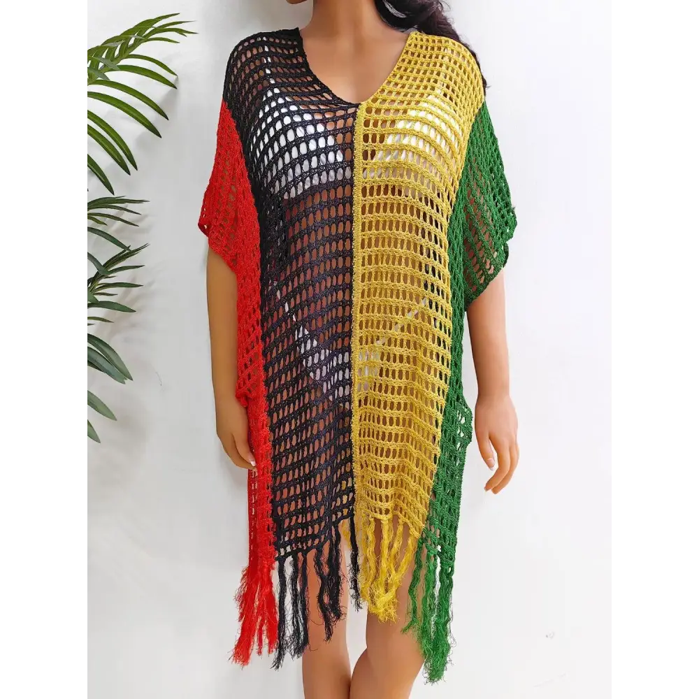 Vibrant Fringe Color Block Scoop Neck Crochet Beach Cover Up