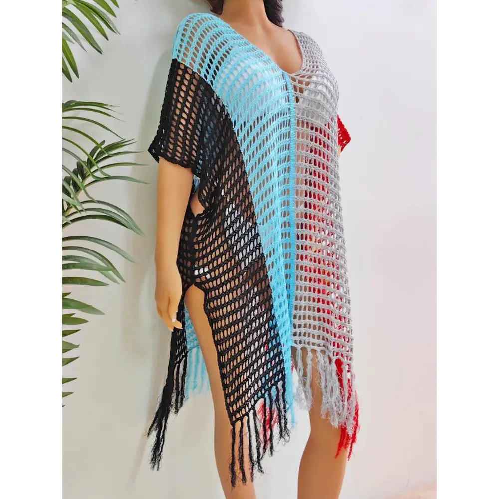 Vibrant Fringe Color Block Scoop Neck Crochet Beach Cover Up