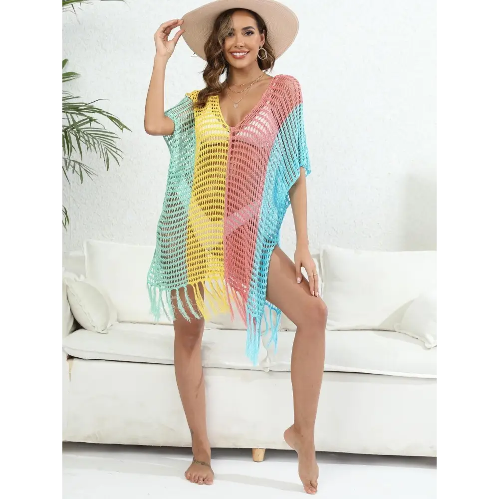 Vibrant Fringe Color Block Scoop Neck Crochet Beach Cover Up