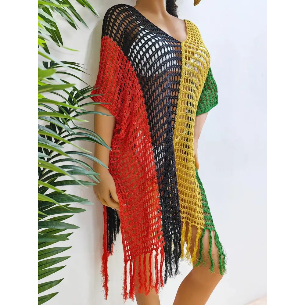 Vibrant Fringe Color Block Scoop Neck Crochet Beach Cover Up