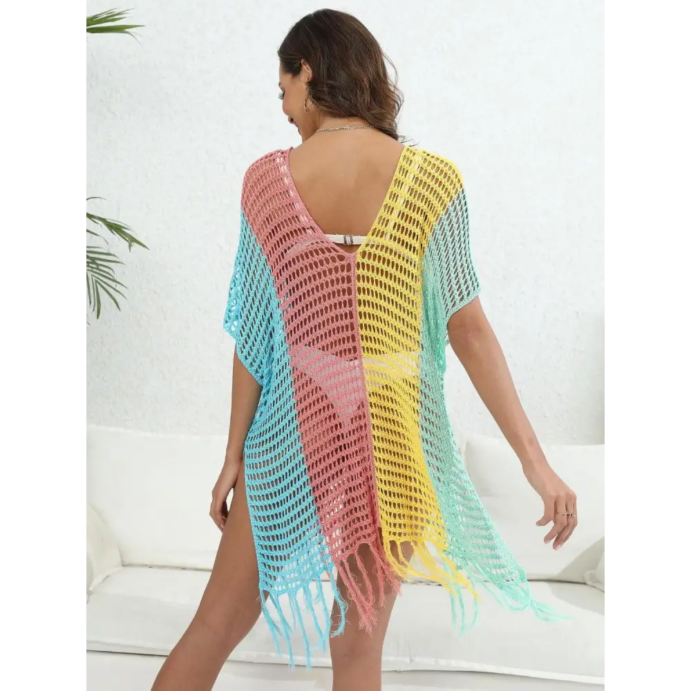 Vibrant Fringe Color Block Scoop Neck Crochet Beach Cover Up