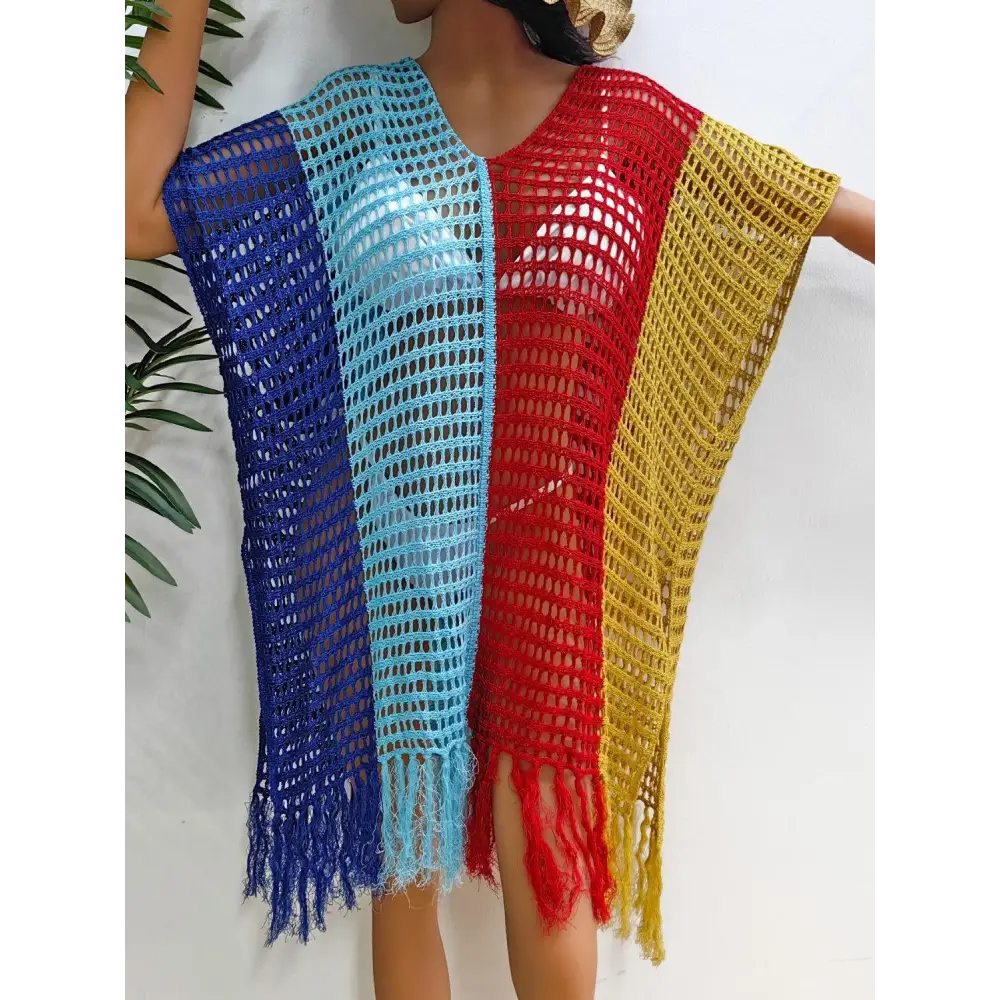 Vibrant Fringe Color Block Scoop Neck Crochet Beach Cover Up