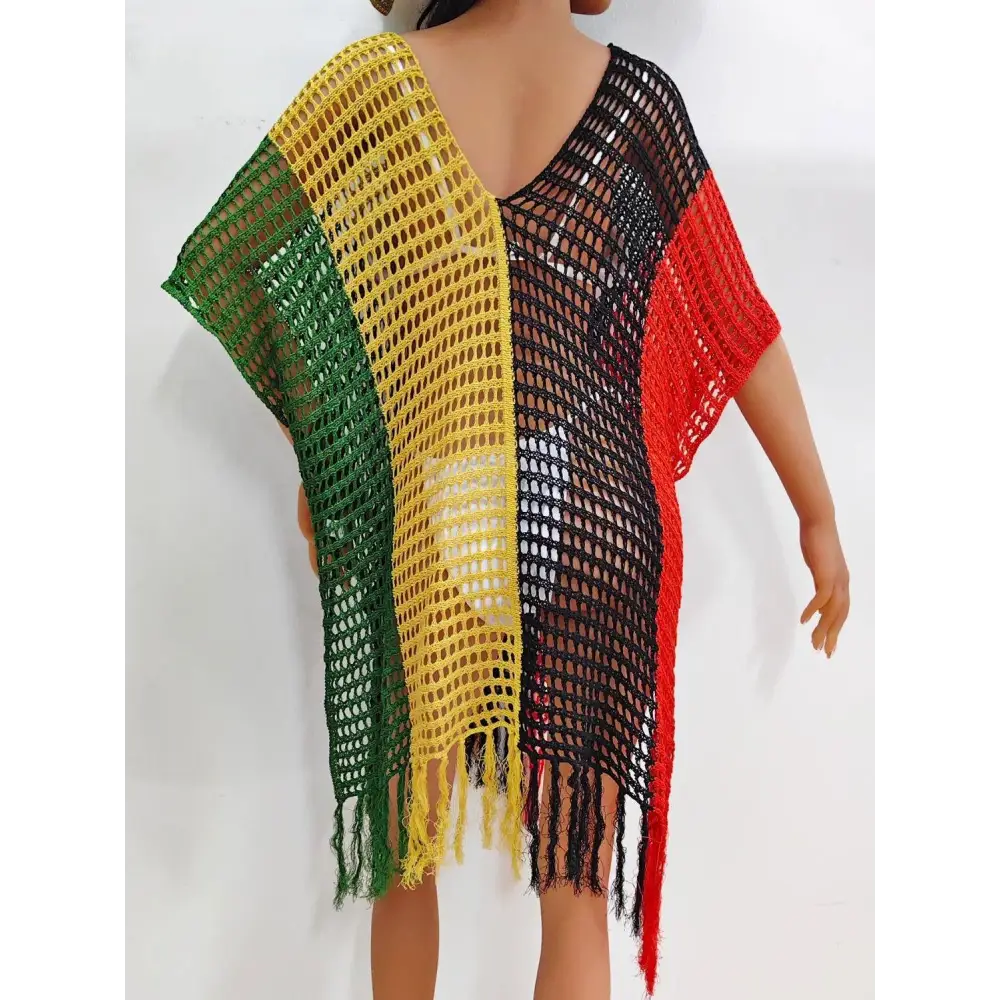 Vibrant Fringe Color Block Scoop Neck Crochet Beach Cover Up