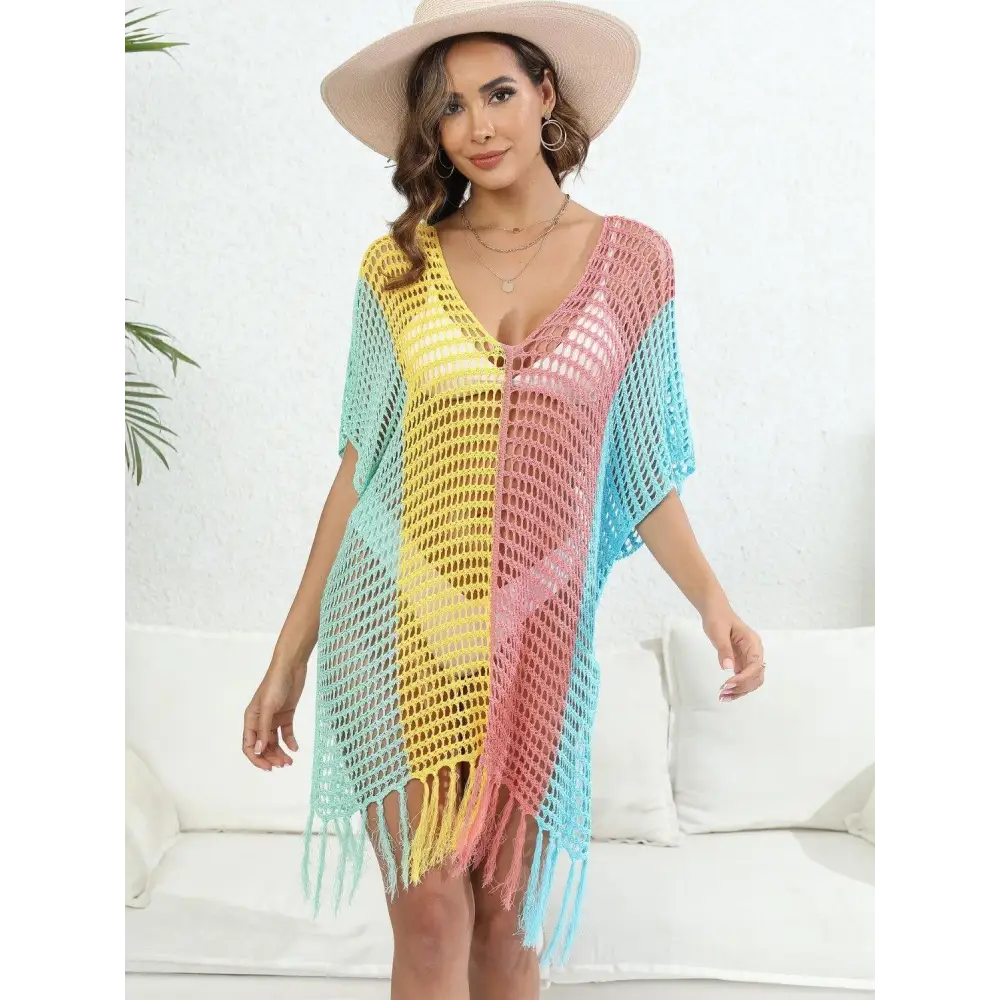 Vibrant Fringe Color Block Scoop Neck Crochet Beach Cover Up