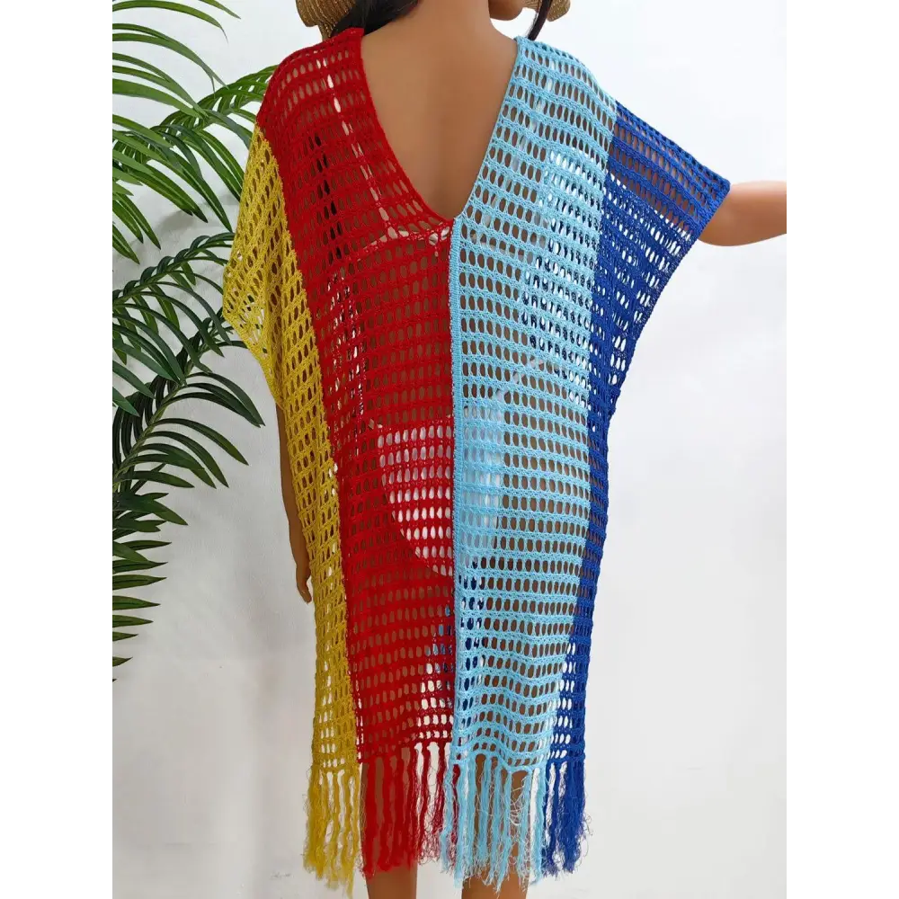 Vibrant Fringe Color Block Scoop Neck Crochet Beach Cover Up