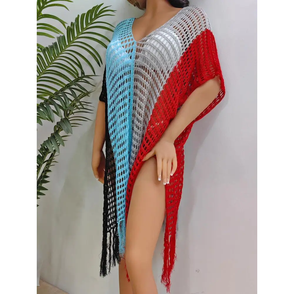 Vibrant Fringe Color Block Scoop Neck Crochet Beach Cover Up