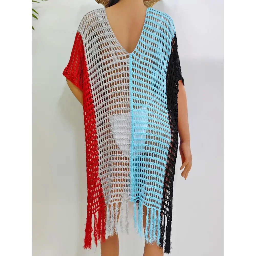 Vibrant Fringe Color Block Scoop Neck Crochet Beach Cover Up