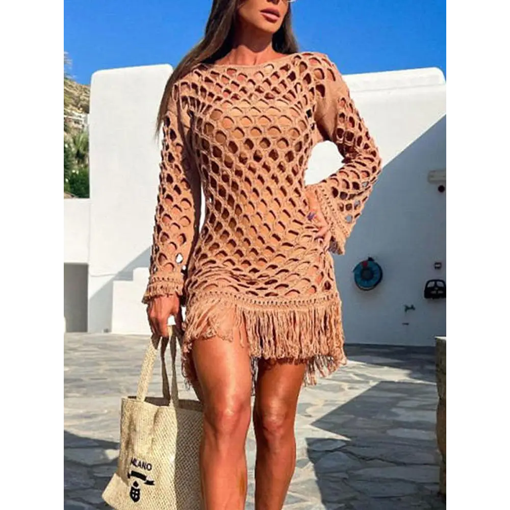 Sizzling Fringe Cutout Long Sleeve Crochet Cover Up