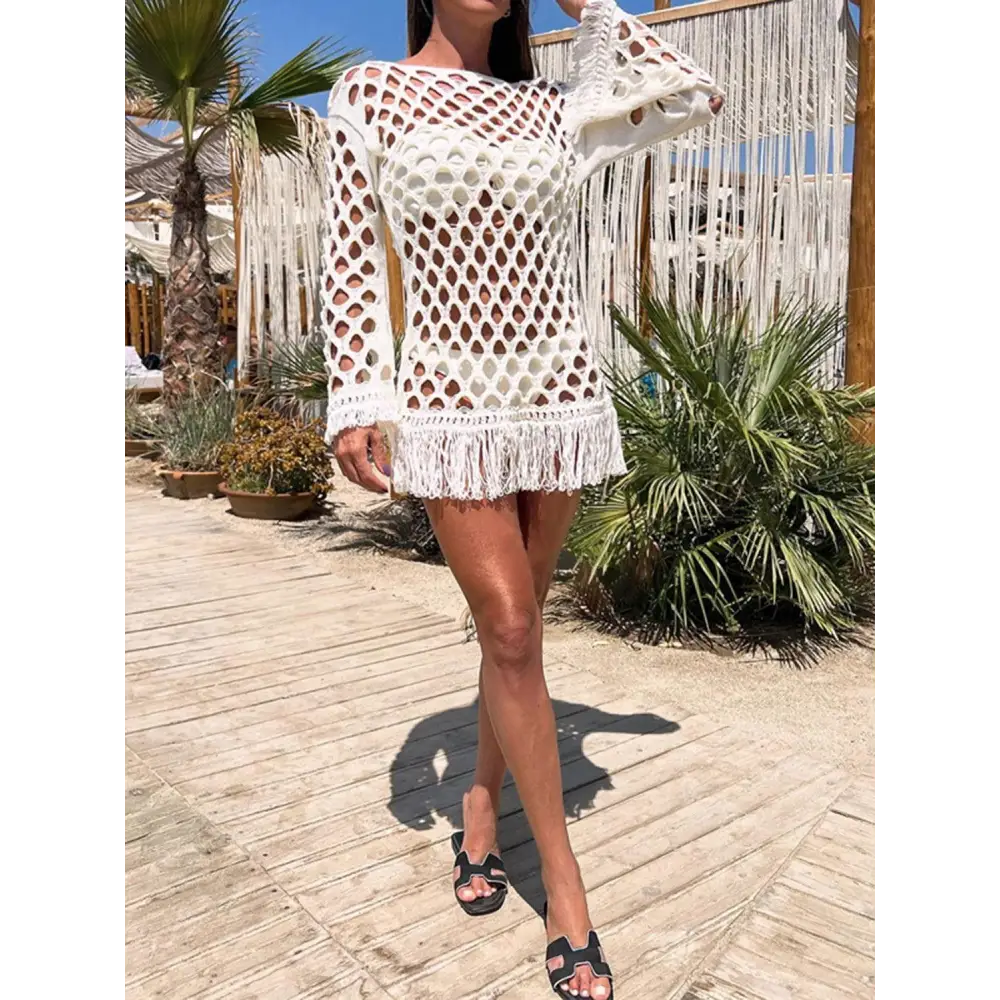 Sizzling Fringe Cutout Long Sleeve Crochet Cover Up