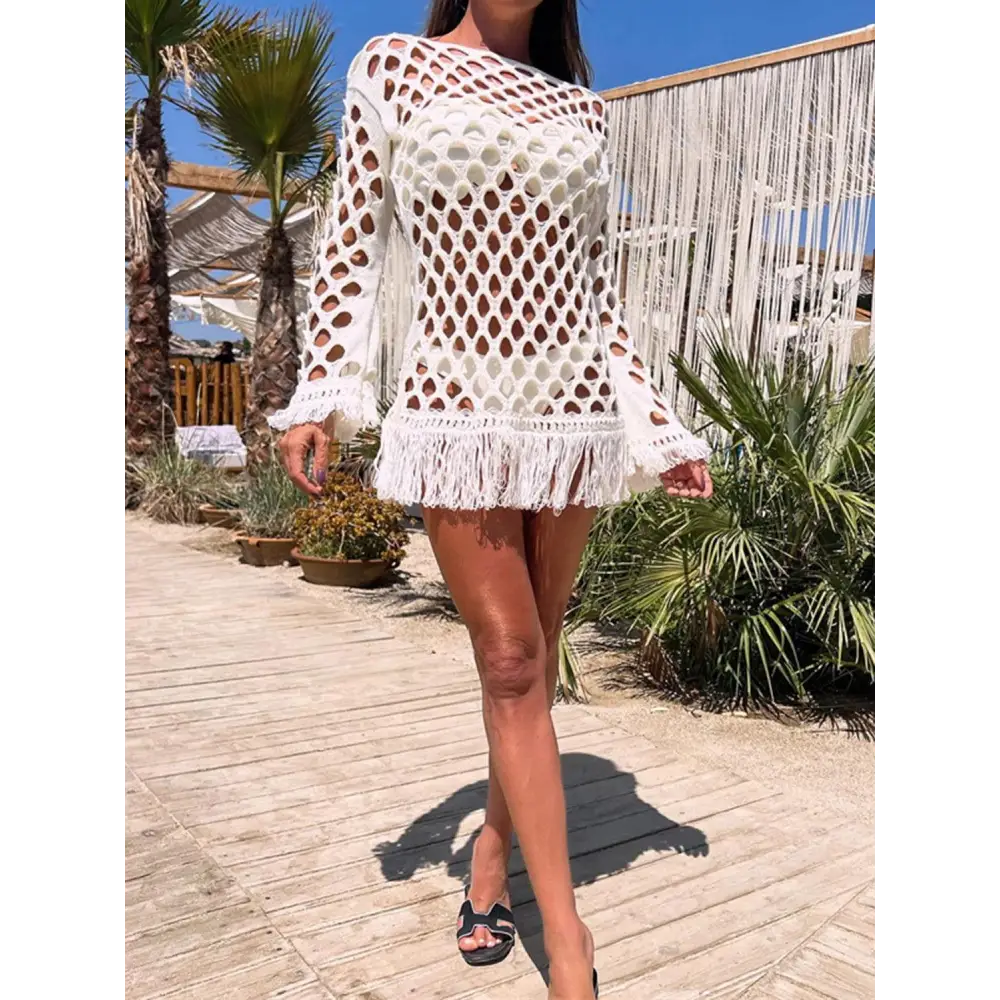 Sizzling Fringe Cutout Long Sleeve Crochet Cover Up