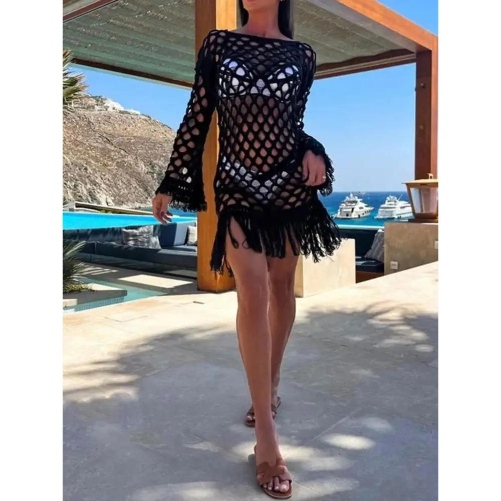 Sizzling Fringe Cutout Long Sleeve Crochet Cover Up