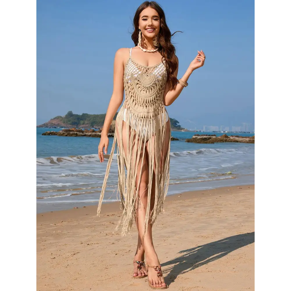 Glamorous Openwork Spaghetti Strap Cover Up with Fringe Flair