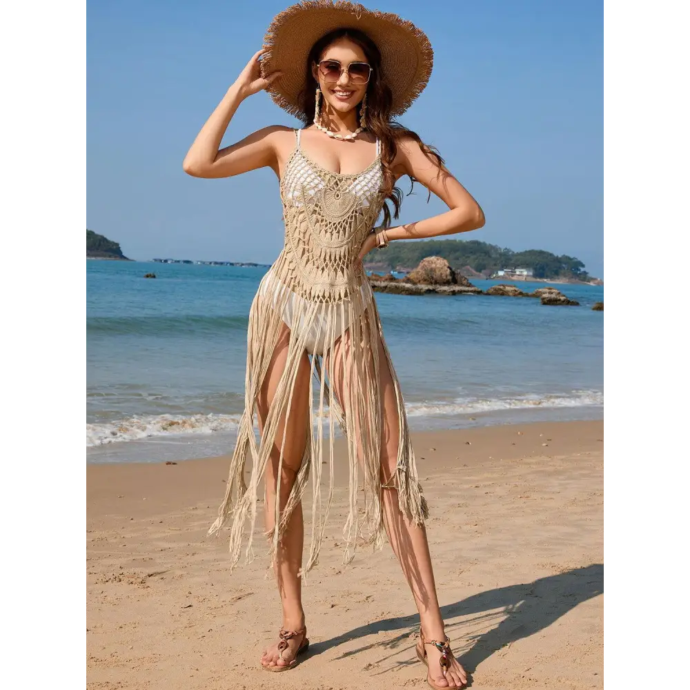 Glamorous Openwork Spaghetti Strap Cover Up with Fringe Flair