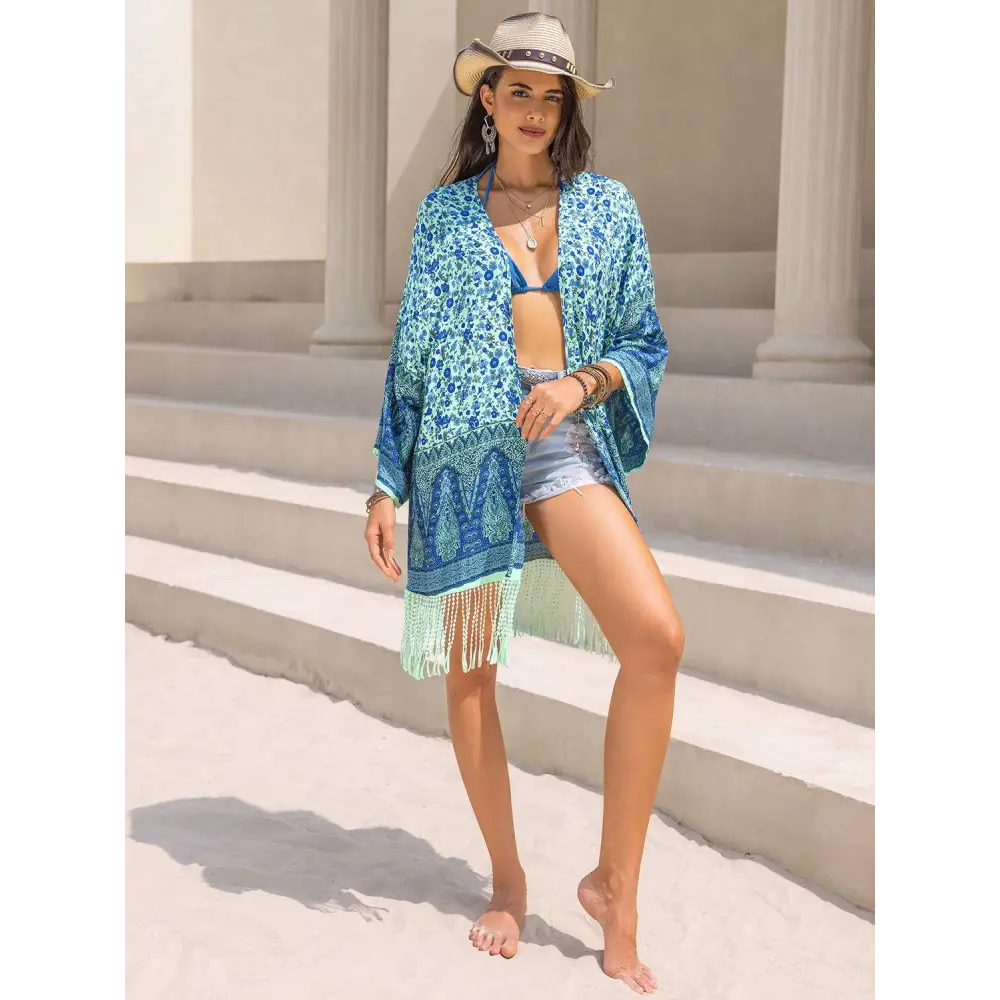 Flowy Fringe Printed Open Kimono for Beach Bliss