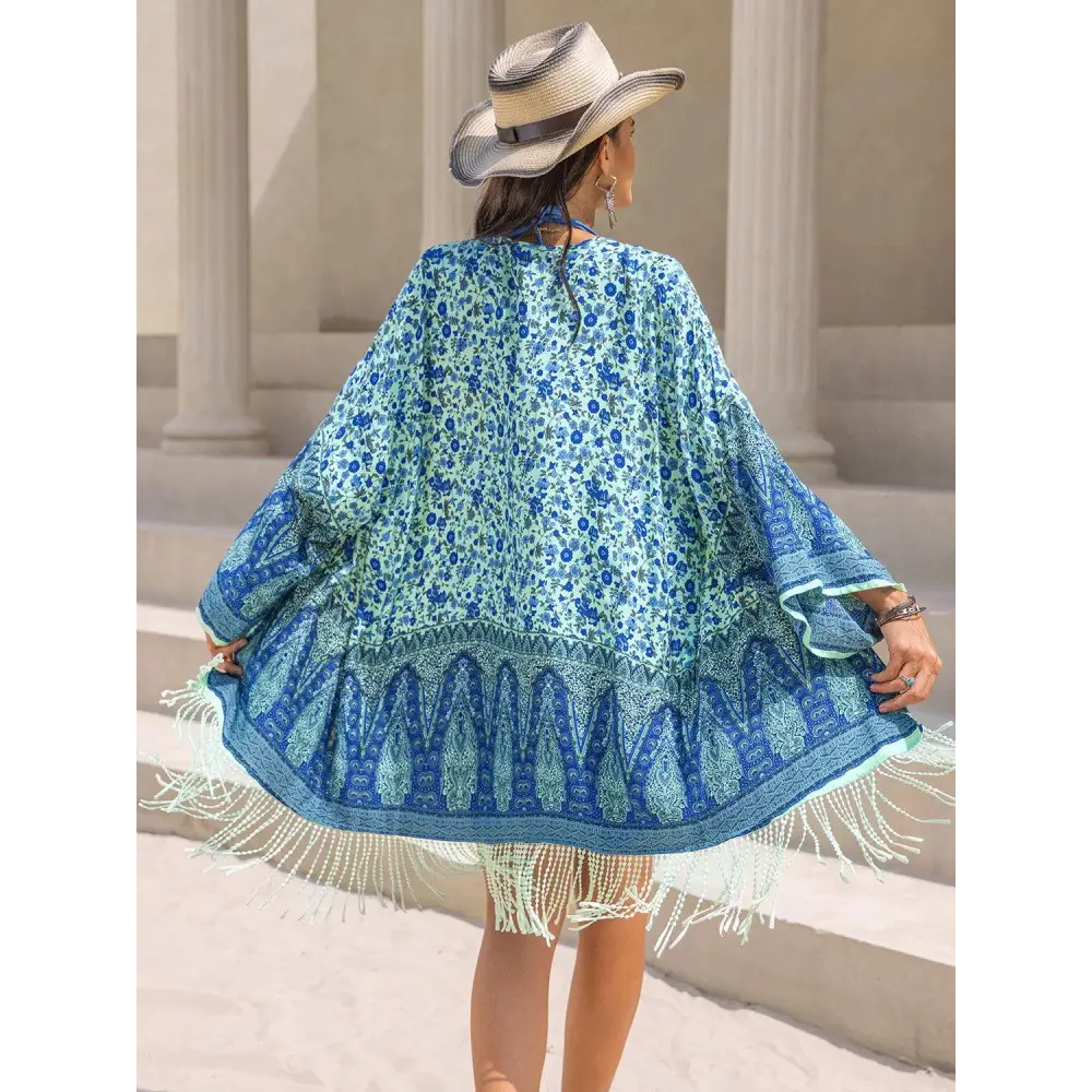 Flowy Fringe Printed Open Kimono for Beach Bliss