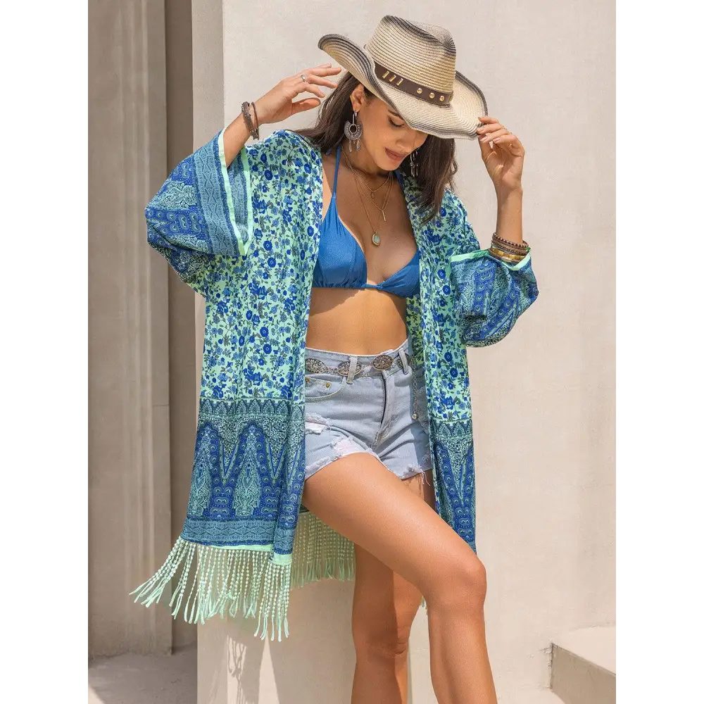 Flowy Fringe Printed Open Kimono for Beach Bliss