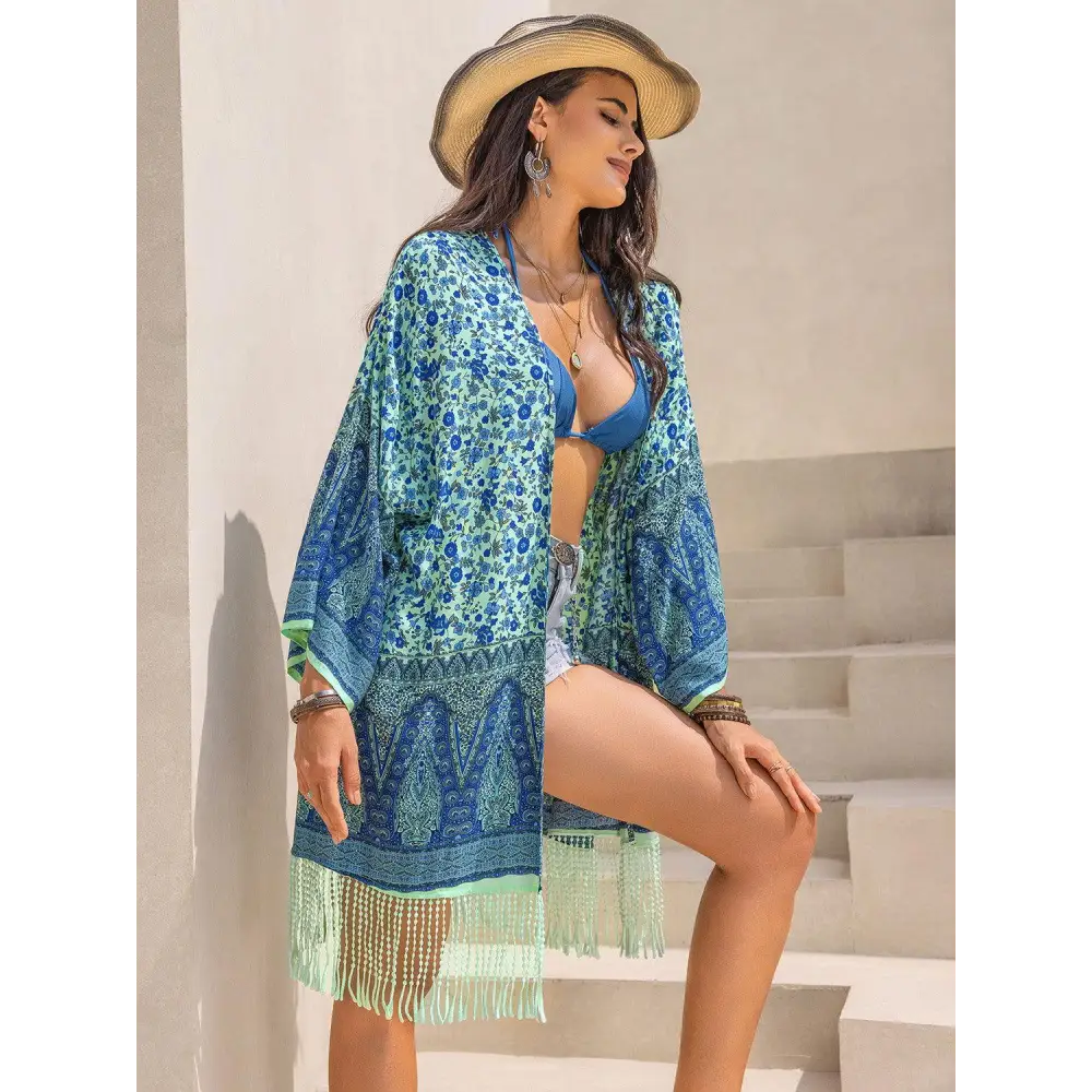 Flowy Fringe Printed Open Kimono for Beach Bliss