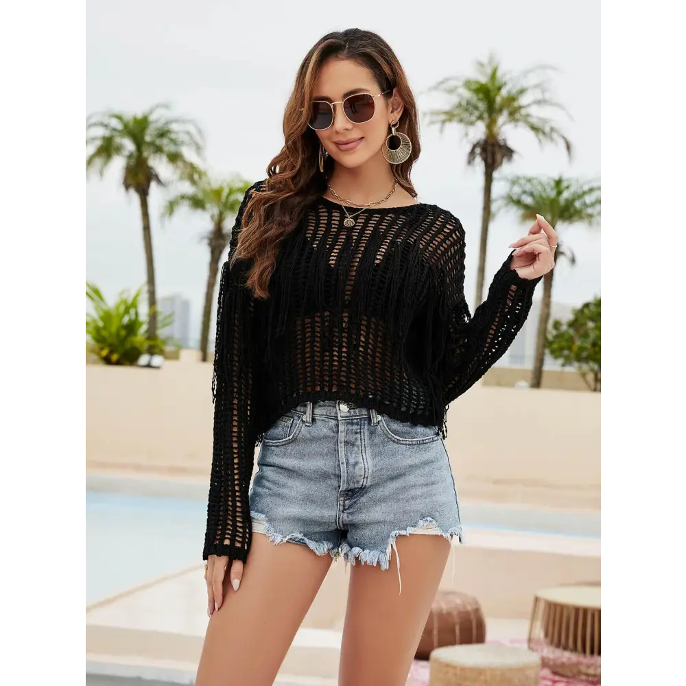 Sizzling Fringe Trim Openwork Long Sleeve Cover-Up for Beach Glam