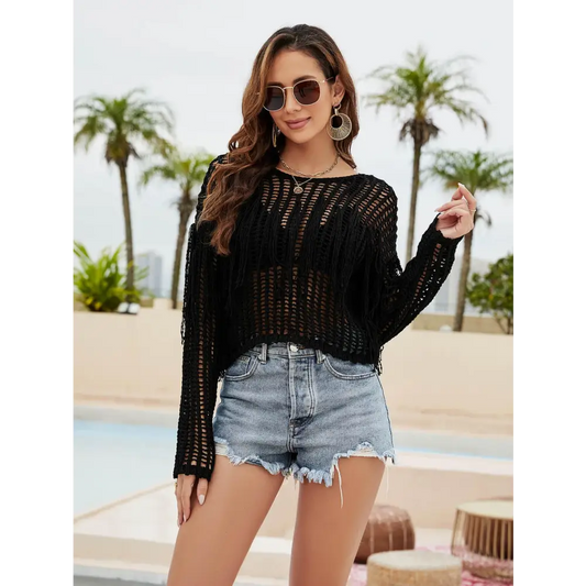 Fringe Trim Openwork Long Sleeve Cover-Up - CM Fashion