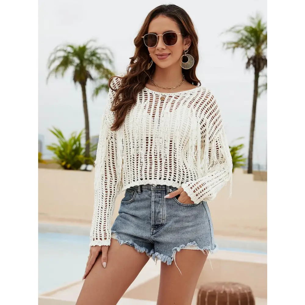 Sizzling Fringe Trim Openwork Long Sleeve Cover-Up for Beach Glam