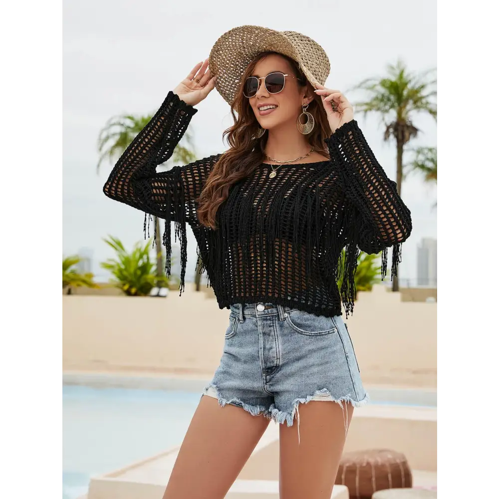 Sizzling Fringe Trim Openwork Long Sleeve Cover-Up for Beach Glam