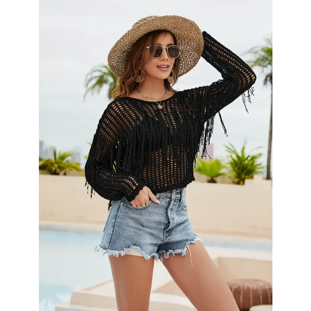 Sizzling Fringe Trim Openwork Long Sleeve Cover-Up for Beach Glam