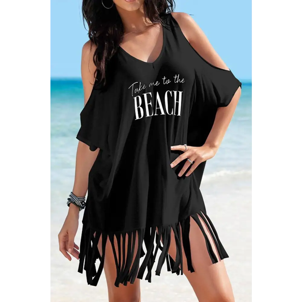 Flirty Fringe V-Neck Cold Shoulder Beach Cover Up