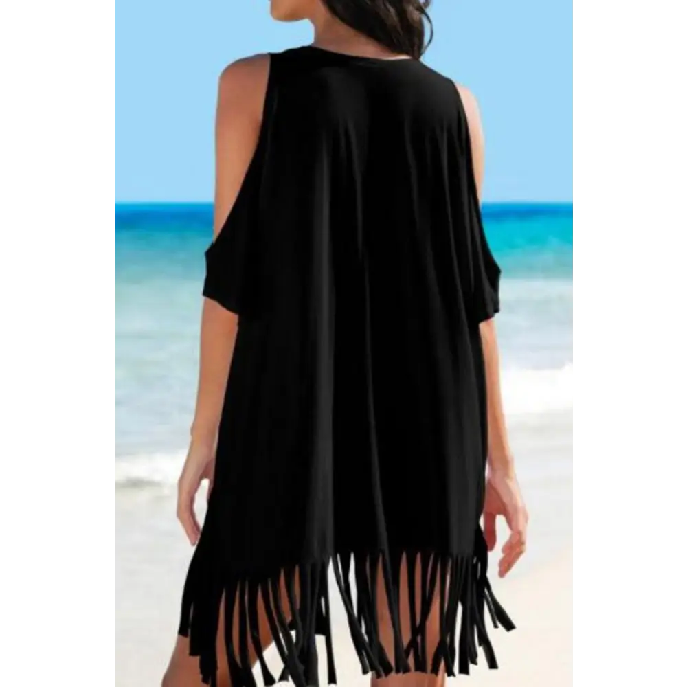 Flirty Fringe V-Neck Cold Shoulder Beach Cover Up