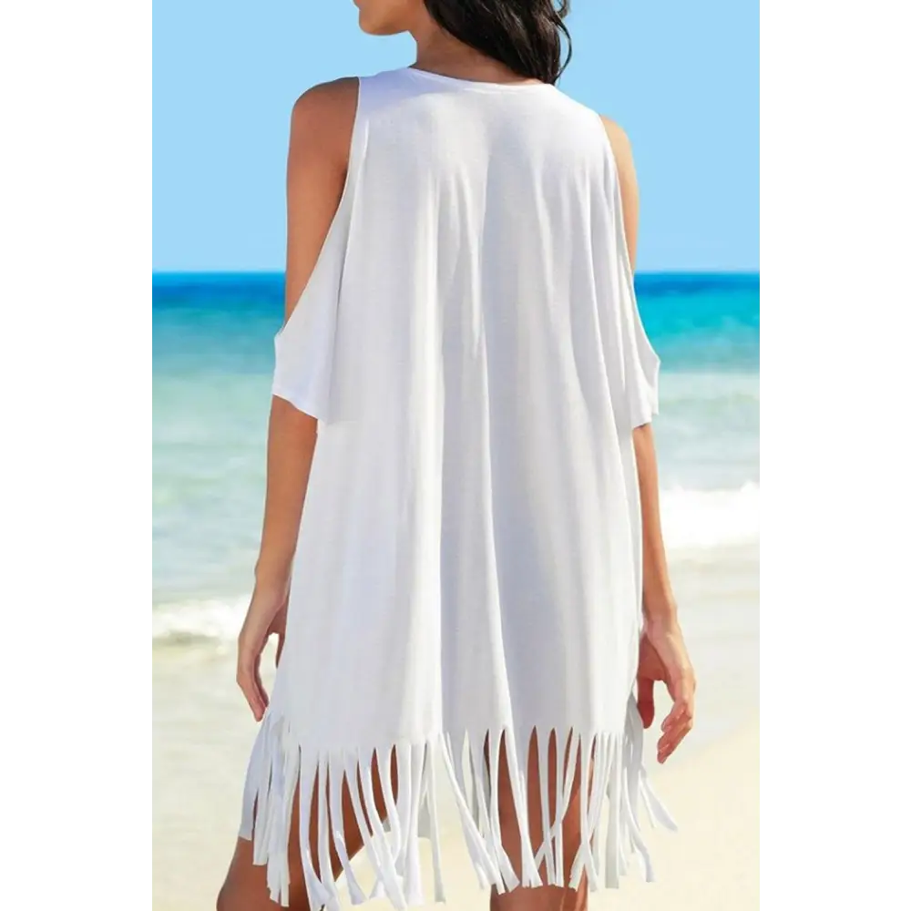 Flirty Fringe V-Neck Cold Shoulder Beach Cover Up