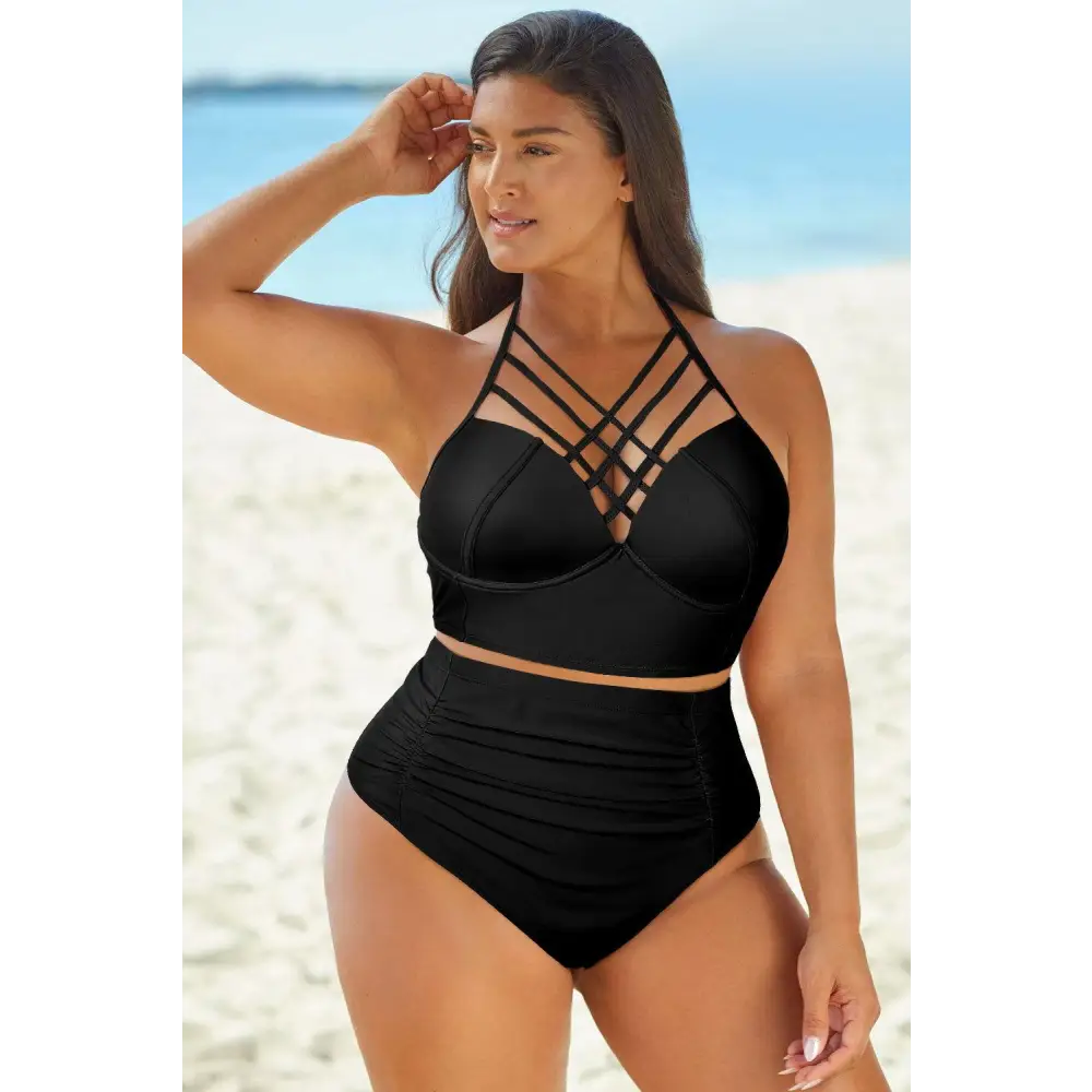 Sizzling Halter Neck Crisscross Ruched Two-Piece Swimsuit