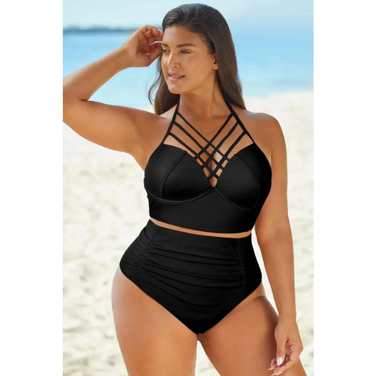 Full Size Halter Neck Crisscross Ruched Two-Piece Swimsuit - CM Fashion