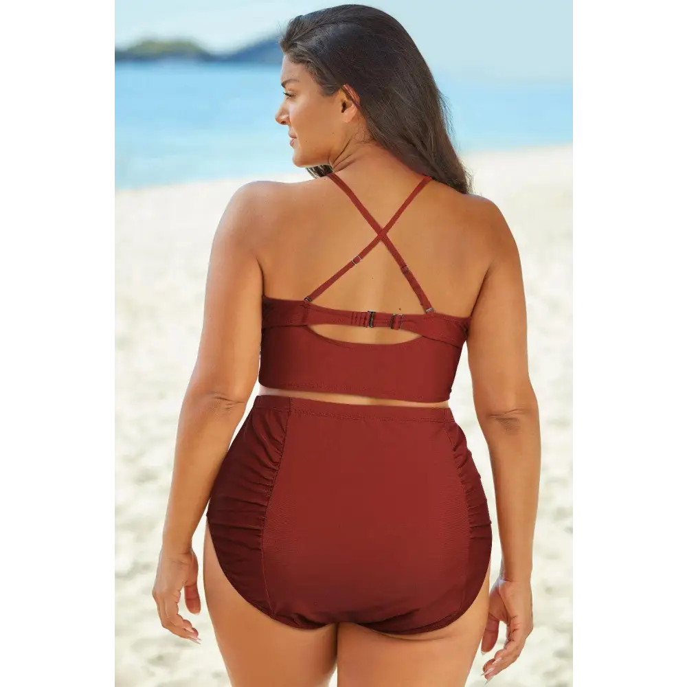 Sizzling Halter Neck Crisscross Ruched Two-Piece Swimsuit