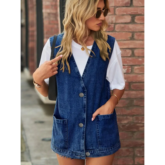 Full Size V-Neck Button Up Denim Vest - CM Fashion