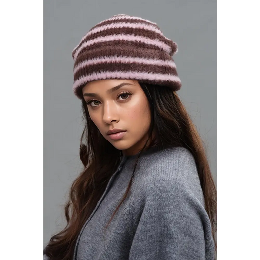 Fuzzy Contrast Striped Thermal Hat - CM Fashion