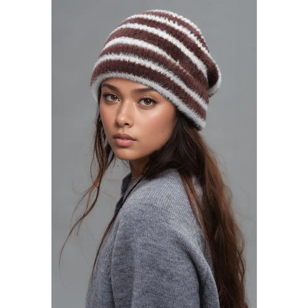 Fuzzy Contrast Striped Thermal Hat