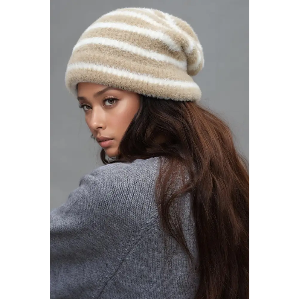 Fuzzy Contrast Striped Thermal Hat