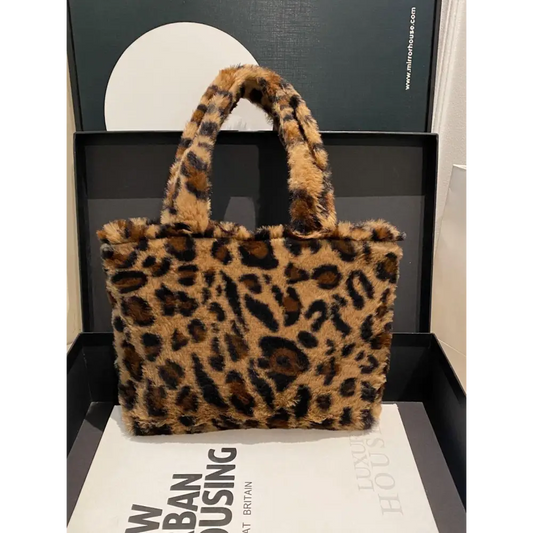 Leopard Fluff Handbag with Zip - CM Fashion